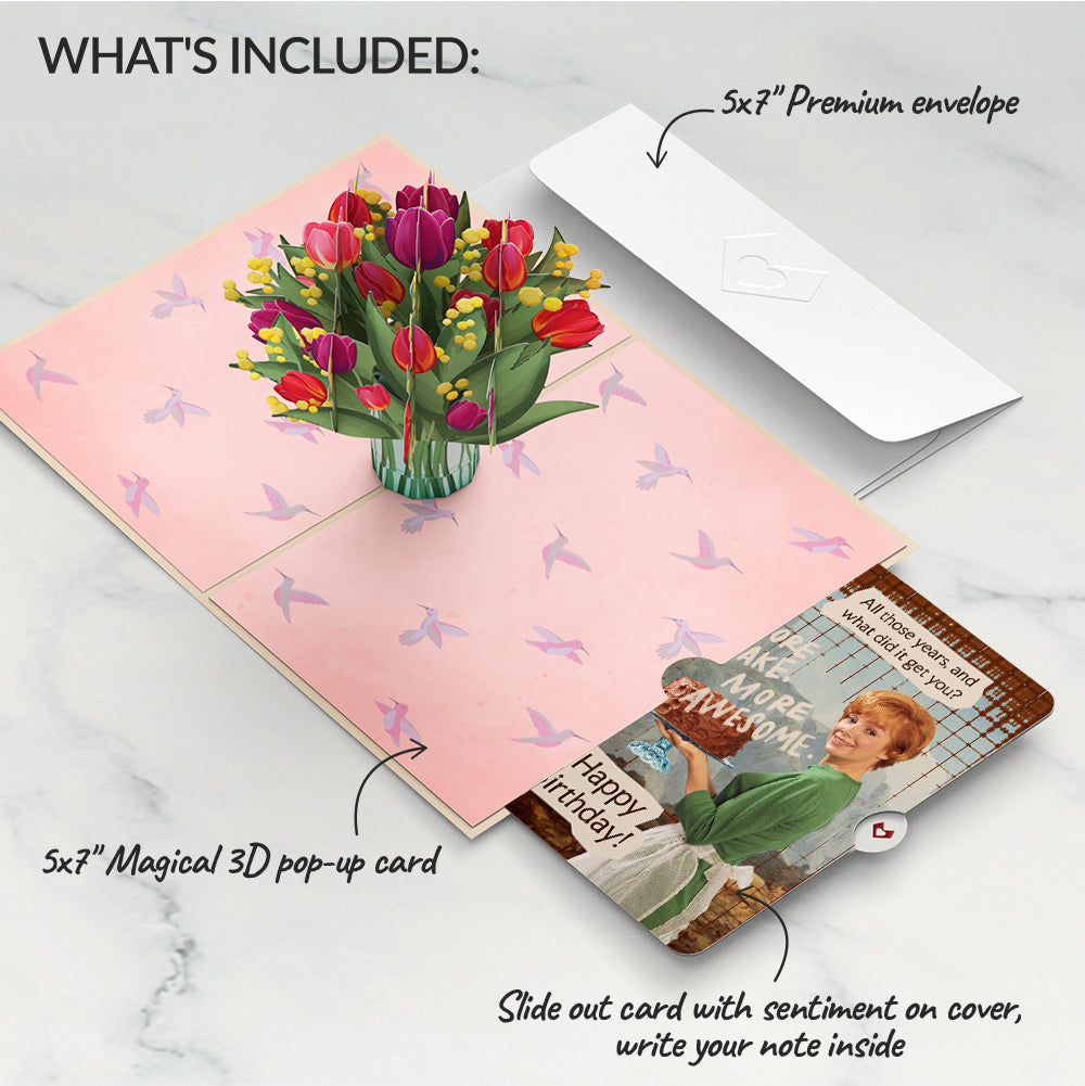 Cheerful Tulips Birthday Pop-Up Card and More Cake More Awesome Sentiment Set、mySite、solidvoid