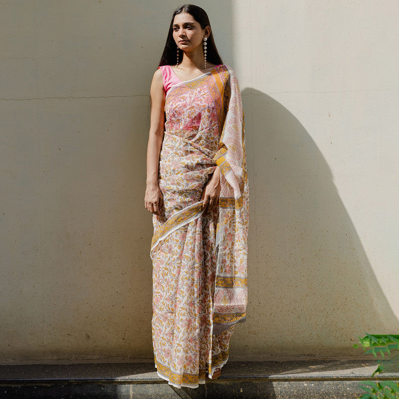 Kota Doria Sarees | Sanganeri Print | Beige & Pink、mySite、camillekostekn