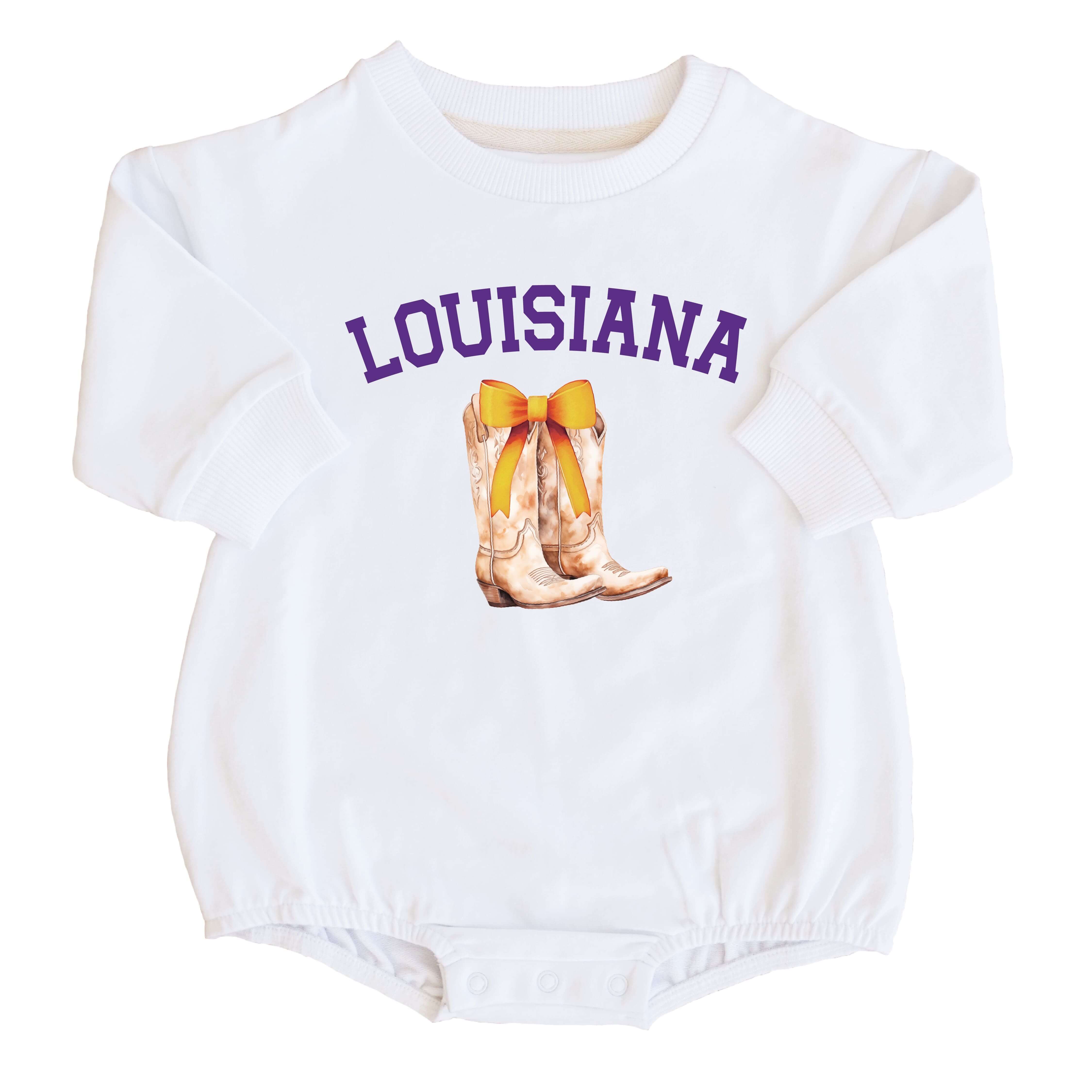  Louisiana State University | Footballs & Bows Graphic Sweatshirt Bubble Romper、mySite、layawaytickets