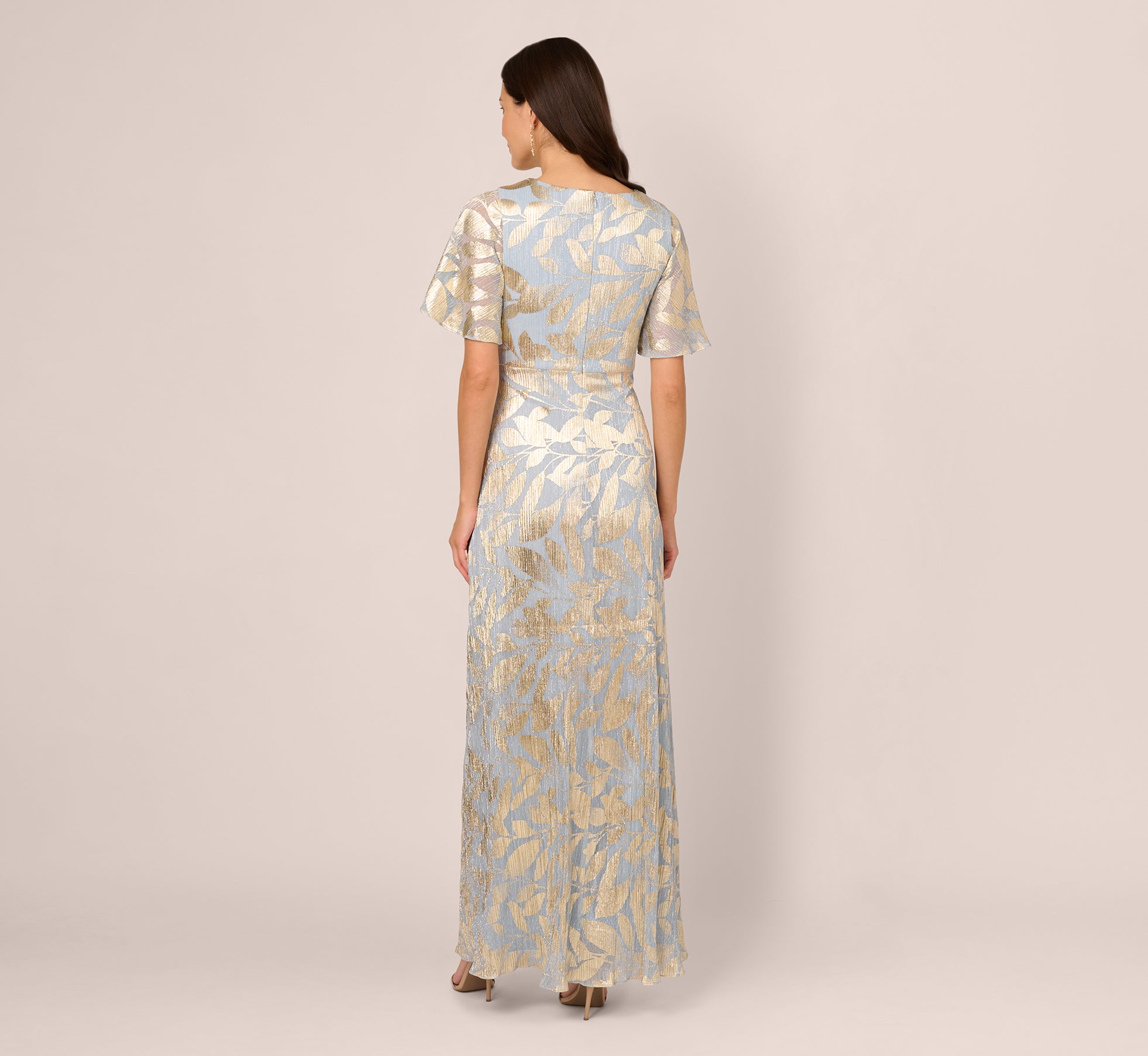 Foil Leaf Short Sleeve Gown With Draped Details In Light Blue Gold、mySite、solidvoid