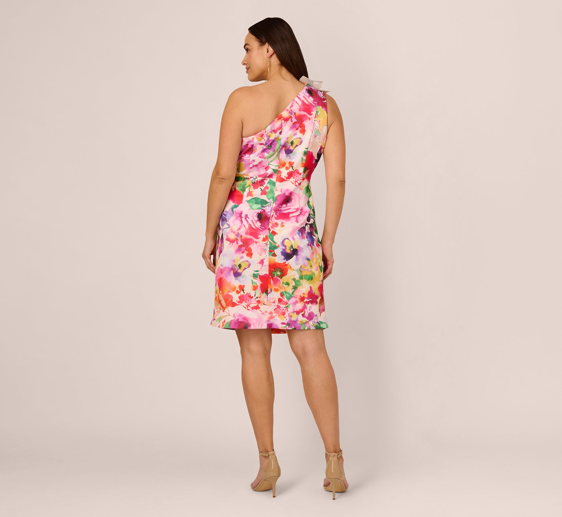 Plus Size One Shoulder Rosette Floral Sheath Dress In Pink Multi、mySite、solidvoid