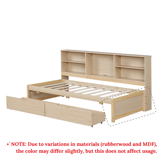 Twin Size Bed Frame With Side Bookshelves, Two Drawers, And Built-in USB Port For Natural Color、、xpatfood
