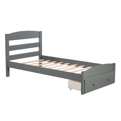 Platform Twin Bed Frame with Storage Drawer and Wood Slat Support No Box Spring Needed, Walnut、、casual