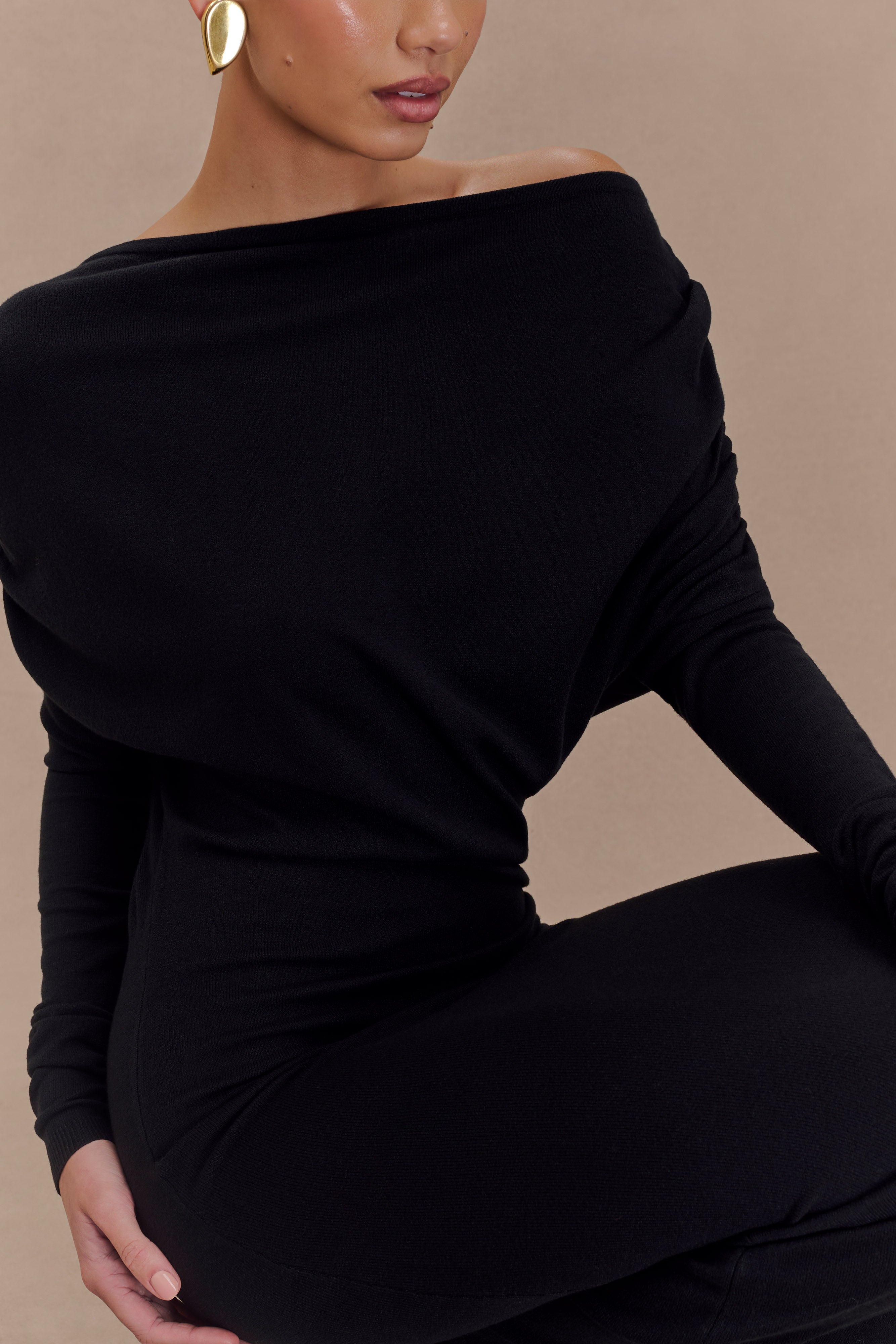 Jessie Cowl Neck Knit Midi Dress - Black、mySite、solidvoid