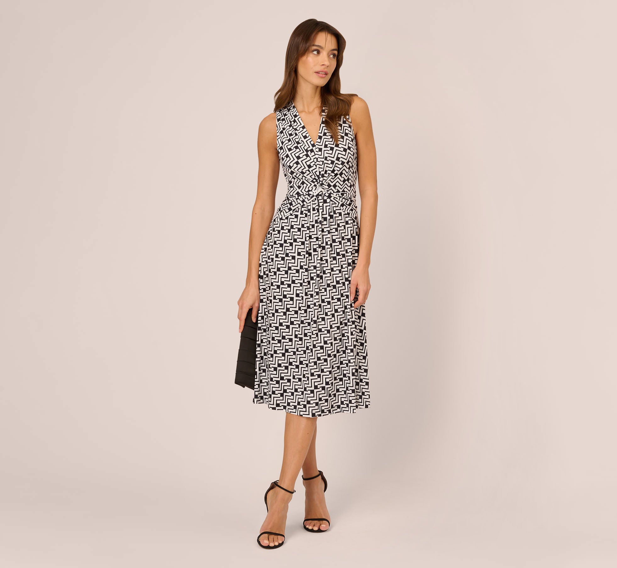 Sleeveless Geo Print Midi Dress With Knotted Detail In Black White、mySite、solidvoid