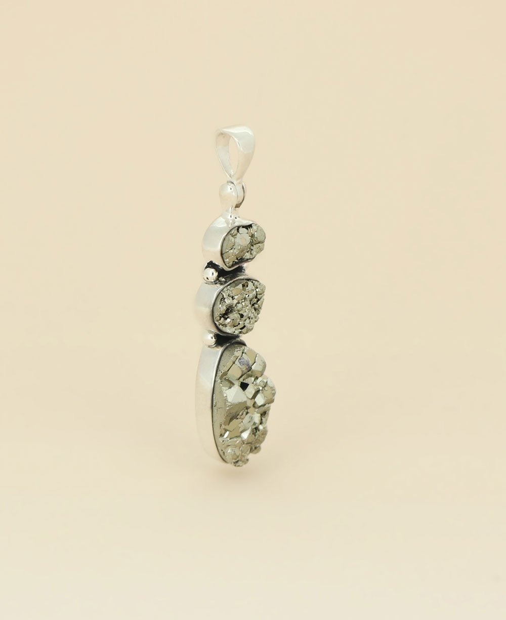 Sterling Silver Triple Stone Pyrite Cluster Gemstone Pendant、mySite、topwebapps