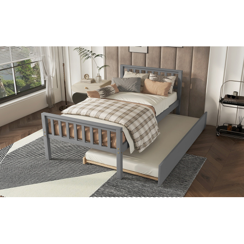 Twin Bed with Trundle, Platform Bed Frame with Headboard and Footboard, for Bedroom Small Living Space,No Box Spring Needed,White(New SKU:W504P148532)、、casual