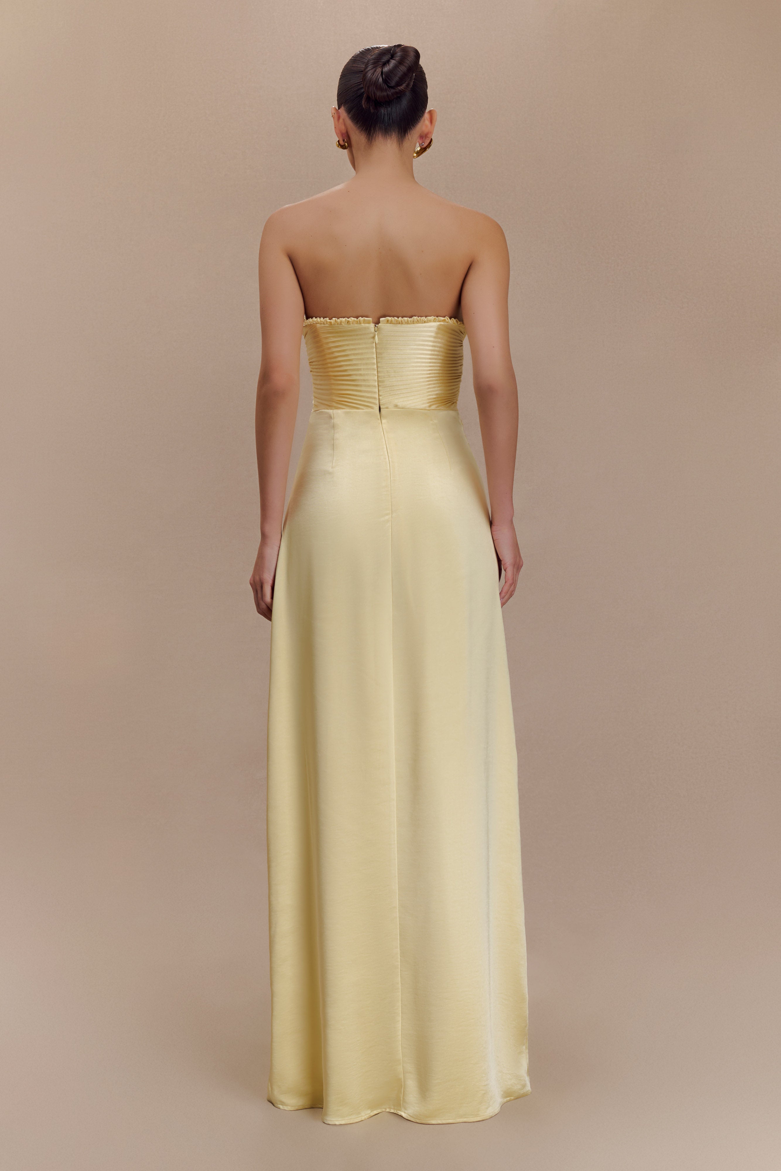 Larissa Satin Maxi Dress With Ruched Petals - Lemon、mySite、solidvoid