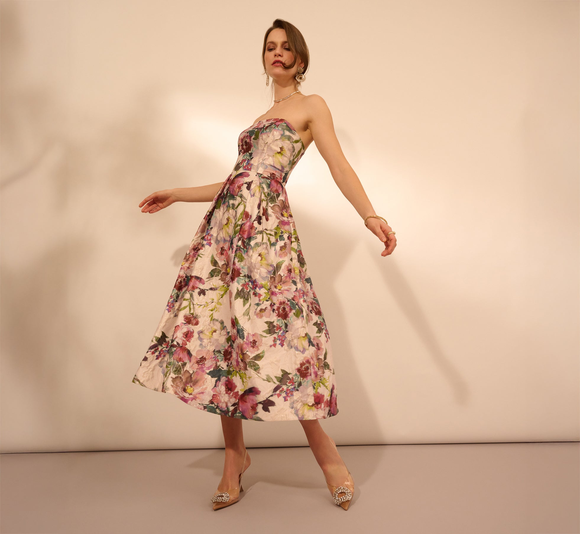 Strapless Floral Jacquard Midi Dress In Pink Multi、mySite、solidvoid