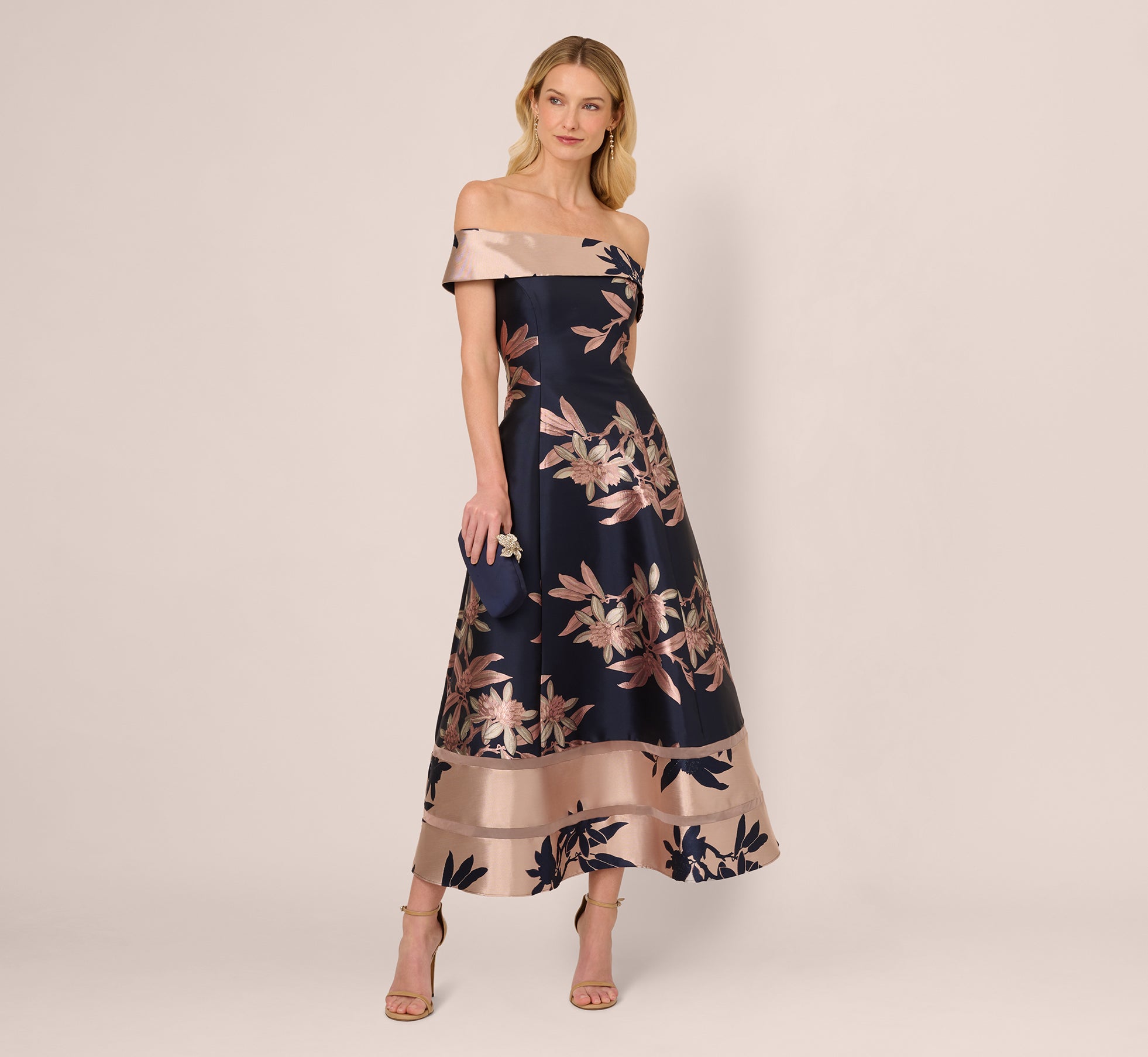 Off Shoulder 2 Tone Jacquard Fit And Flare Midi Dress In Navy Blush、mySite、solidvoid