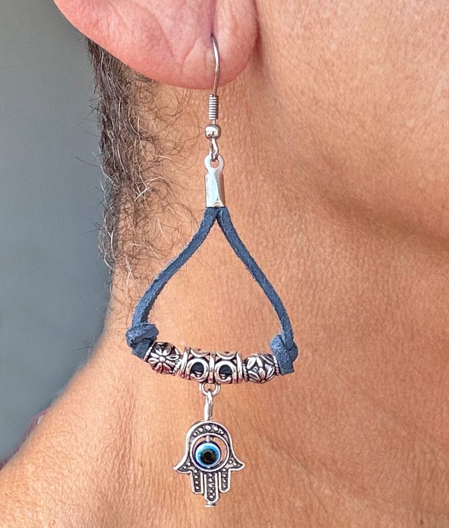 Tibetan Boho Hamsa Earrings - Slate Blue、mySite、topwebapps