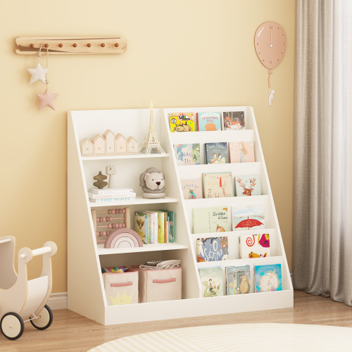 Kids Bookshelf and Toy Storage Organizer, Multifunctional 4 Tier Wooden Kids Book Shelf with Bookcase Display Stand in Kids Room Playroom Nursery for Kids, Children, Toddlers (White)、、casual