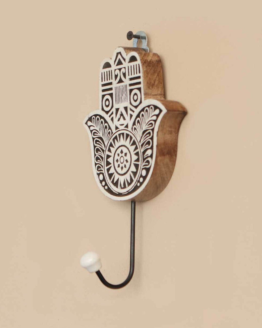 Mango Wood Block Print Design Hamsa Wall Hook、mySite、topwebapps