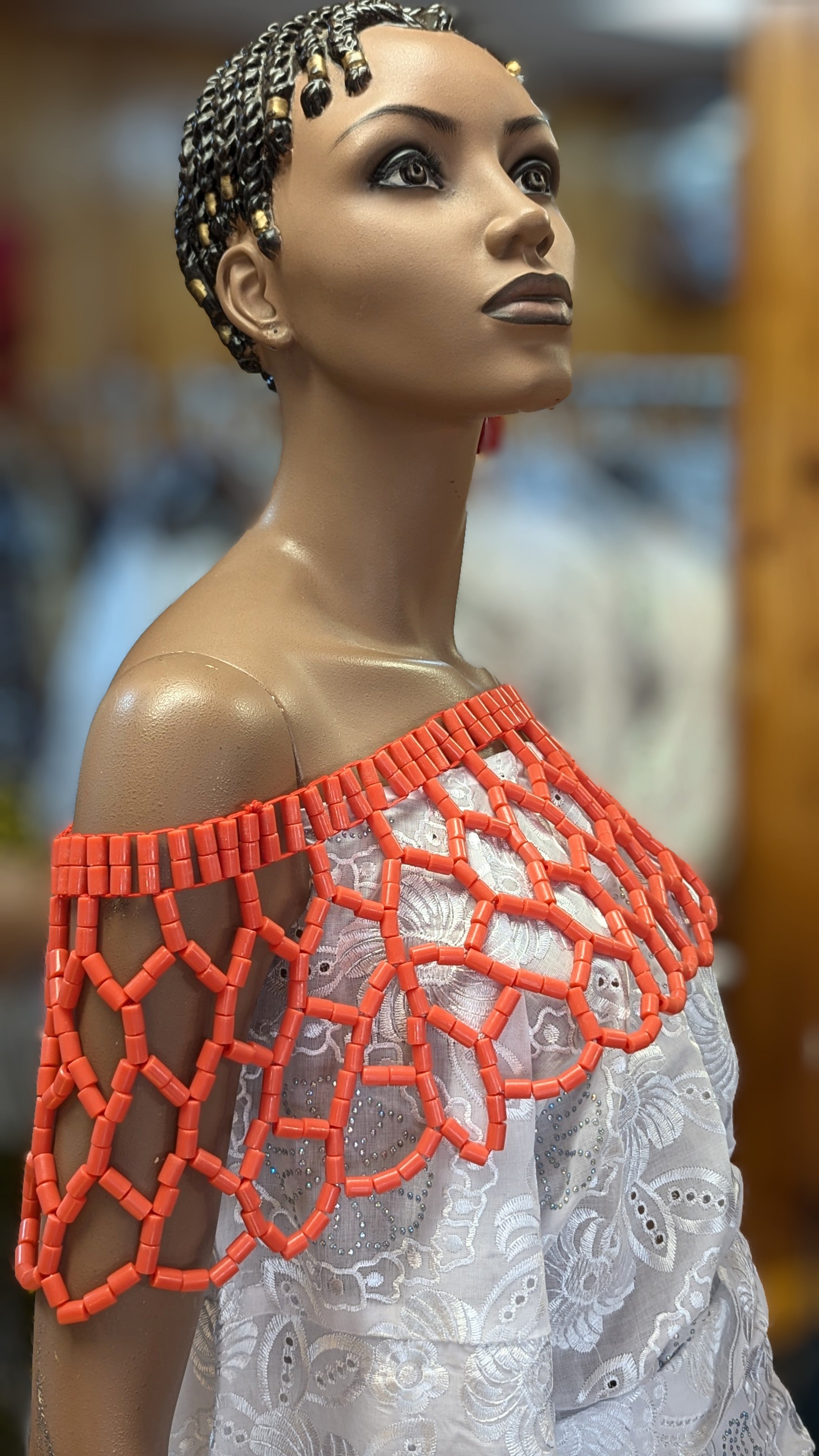 Dupsie's Chimamanda African Coral-Red Igbo Edo Sheer Bead Shoulder Shrug Crop Top Blouse DPASBCR22、mySite、solidvoid