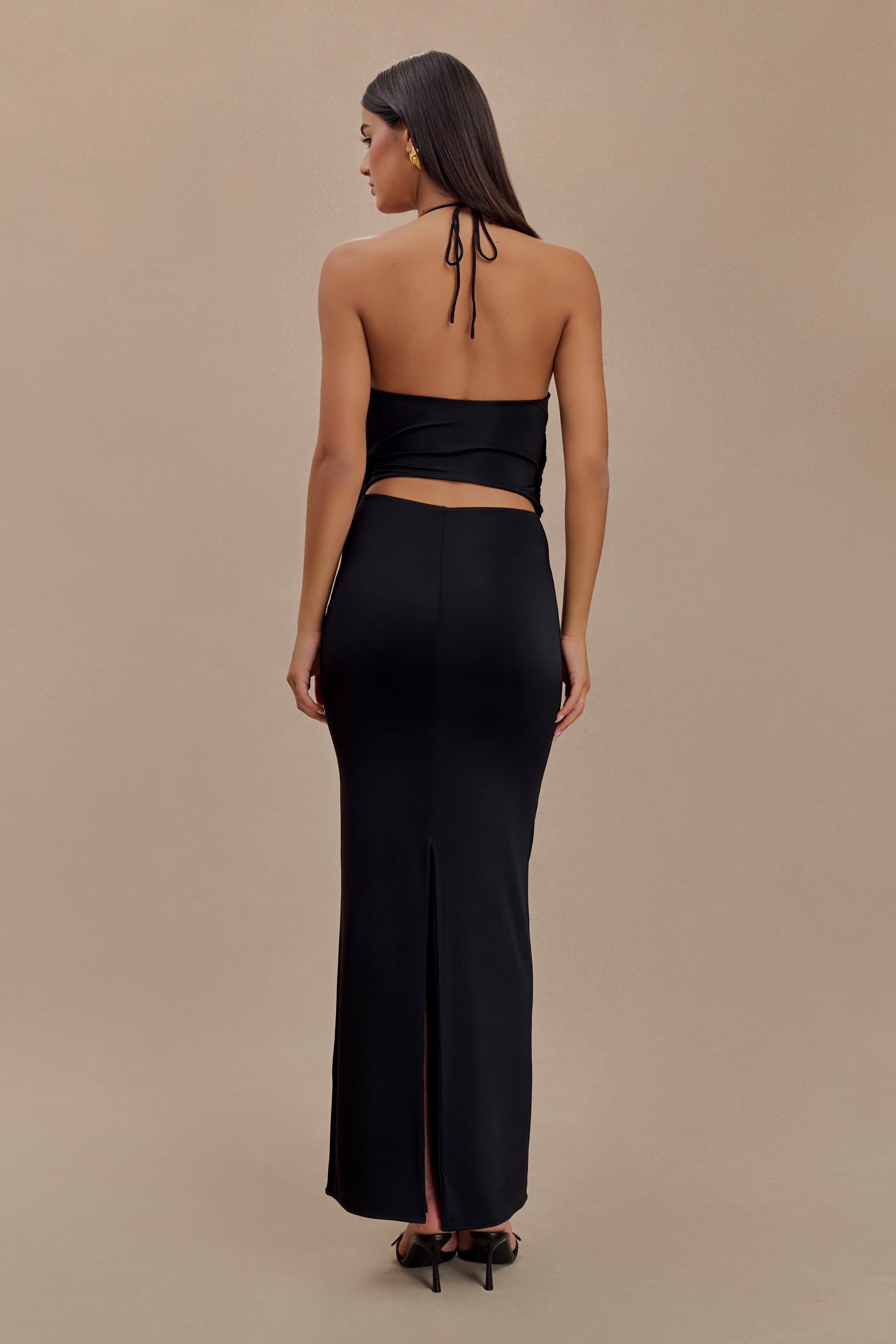 Tyla Draped Slinky Halter Maxi Dress - Black、mySite、solidvoid