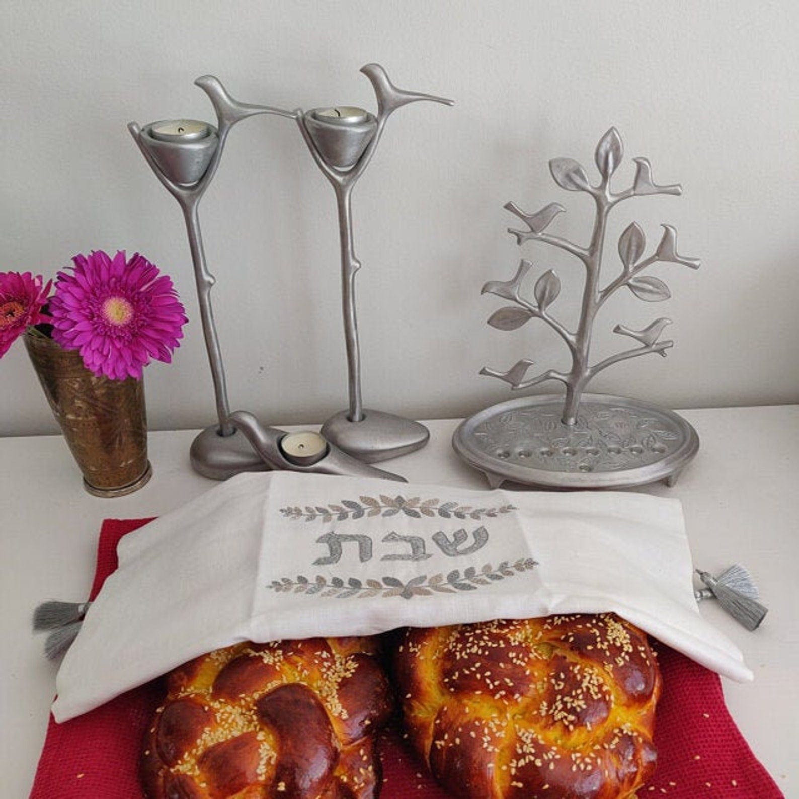 Embroidered Silver Leaves Shabbat Challah Cover、mySite、topwebapps