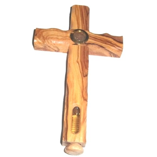 Olive wood Cross with Holy Land Soil and Jordan River water (6.5 inches) - Olive wood with Certificate、mySite、topwebapps