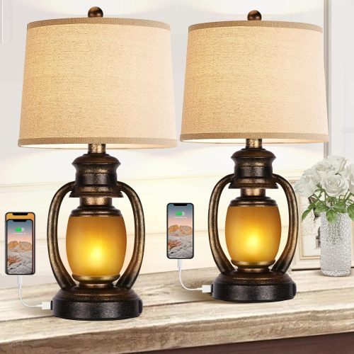 Set of 2 Rustic Living Room with 2 USB Port and Outlet,Farmhouse Table Bedside Lamps for Bedroom,Vintage Cottage Nightstand Lamps with Nightlight Miner Lantern、、xpatfood