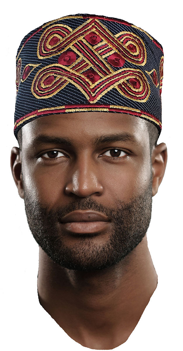 Navy-Blue-Embroidered-African-Hand-woven-Aso-Oke-Hat、mySite、solidvoid