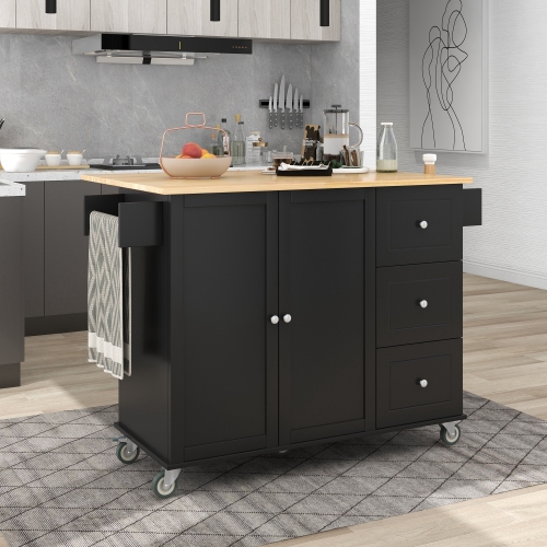 Rolling Mobile Kitchen Island with Solid Wood Top and Locking Wheels,52.7 Inch Width,Storage Cabinet and Drop Leaf Breakfast Bar,Spice Rack, Towel Rack & Drawer (Black)、、casual