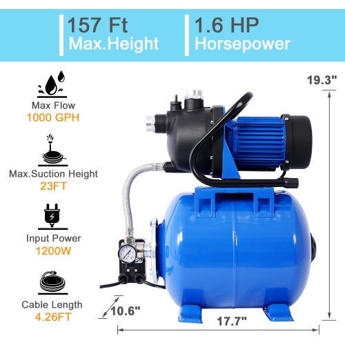 1.6HP Shallow Well Pump with Pressure Tank,garden water pump, Irrigation Pump,Automatic Water Booster Pump for Home Garden Lawn Farm、、eastwooduniform