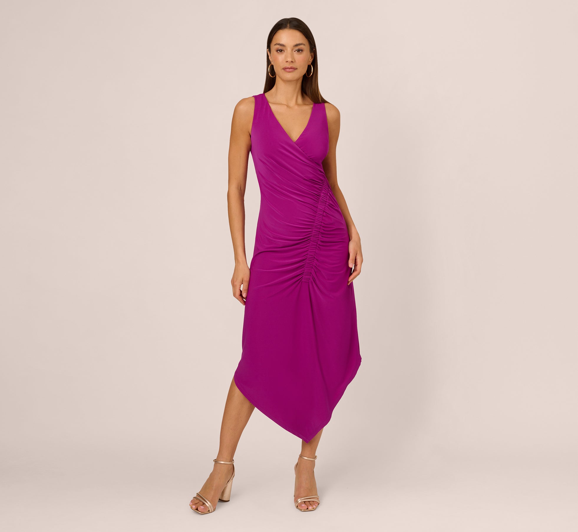 Sleeveless Shirred Jersey Midi Dress With Asymmetrical Hem In Wild Magenta、mySite、solidvoid