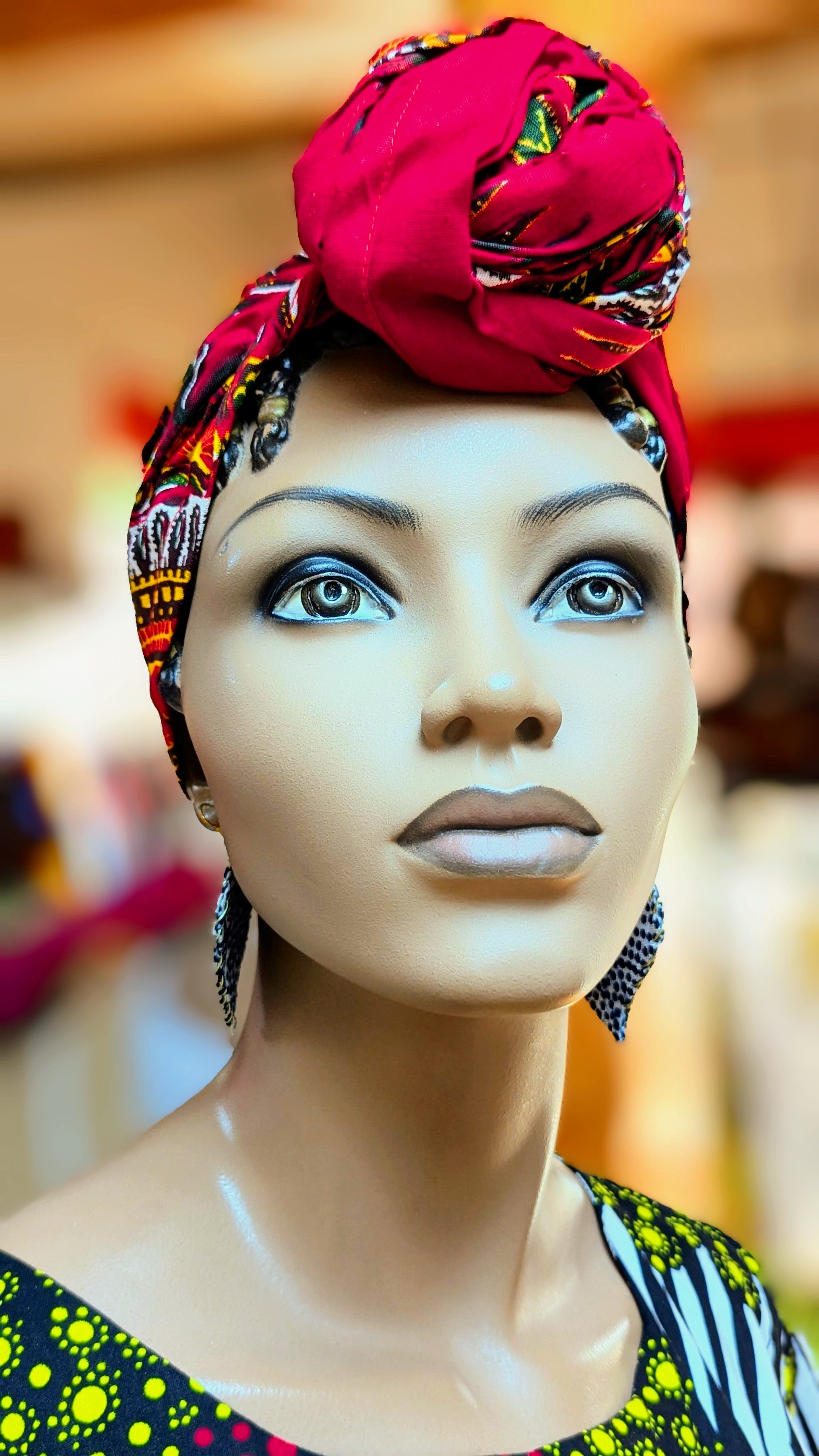 Dupsie's Zuriya Red Cotton Dashiki Print Pre-tied Head Wrap Hat DP3975PT7、mySite、solidvoid