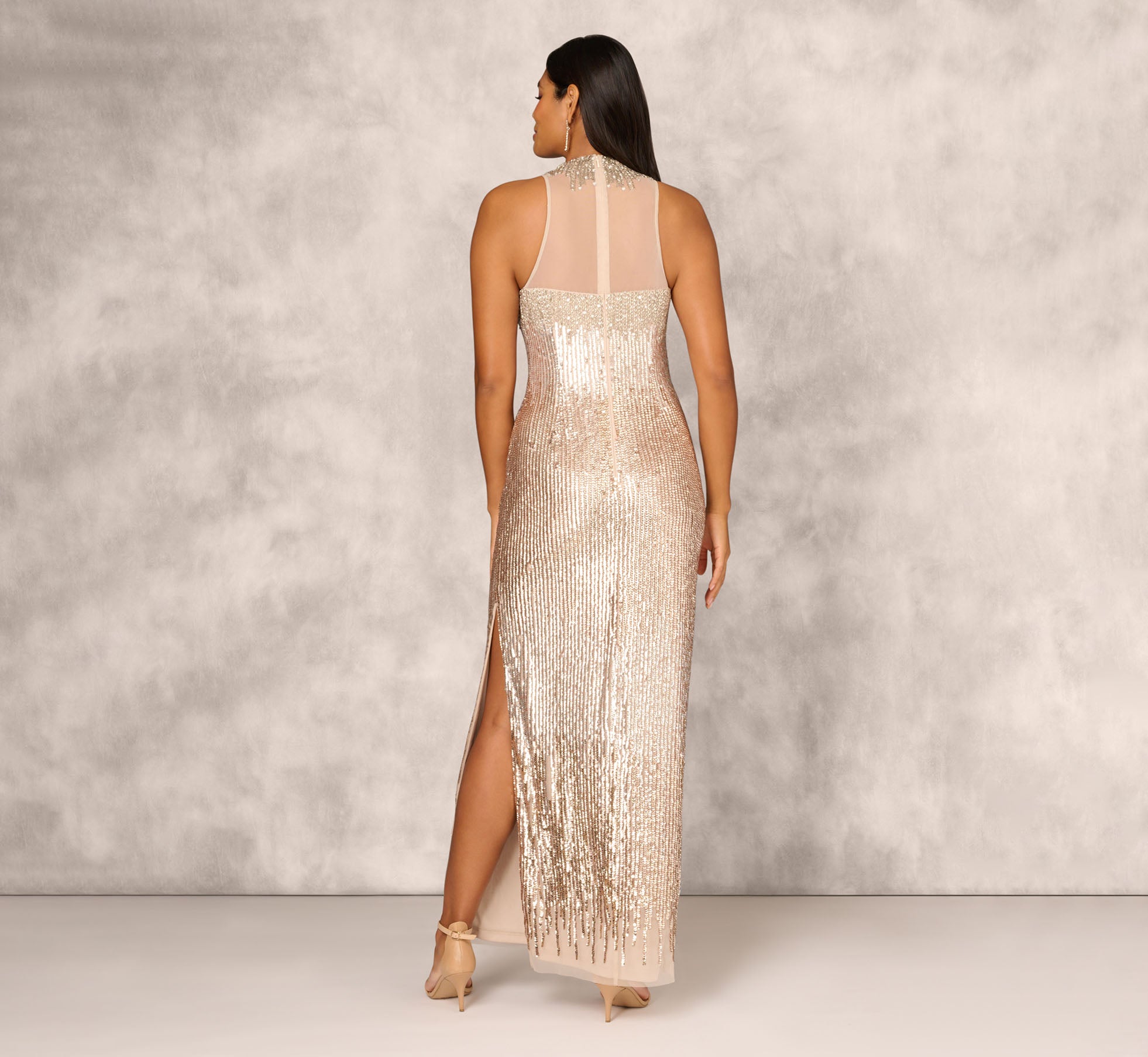 Sleeveless Beaded Column Gown With Illusion Neckline In Champagne、mySite、solidvoid