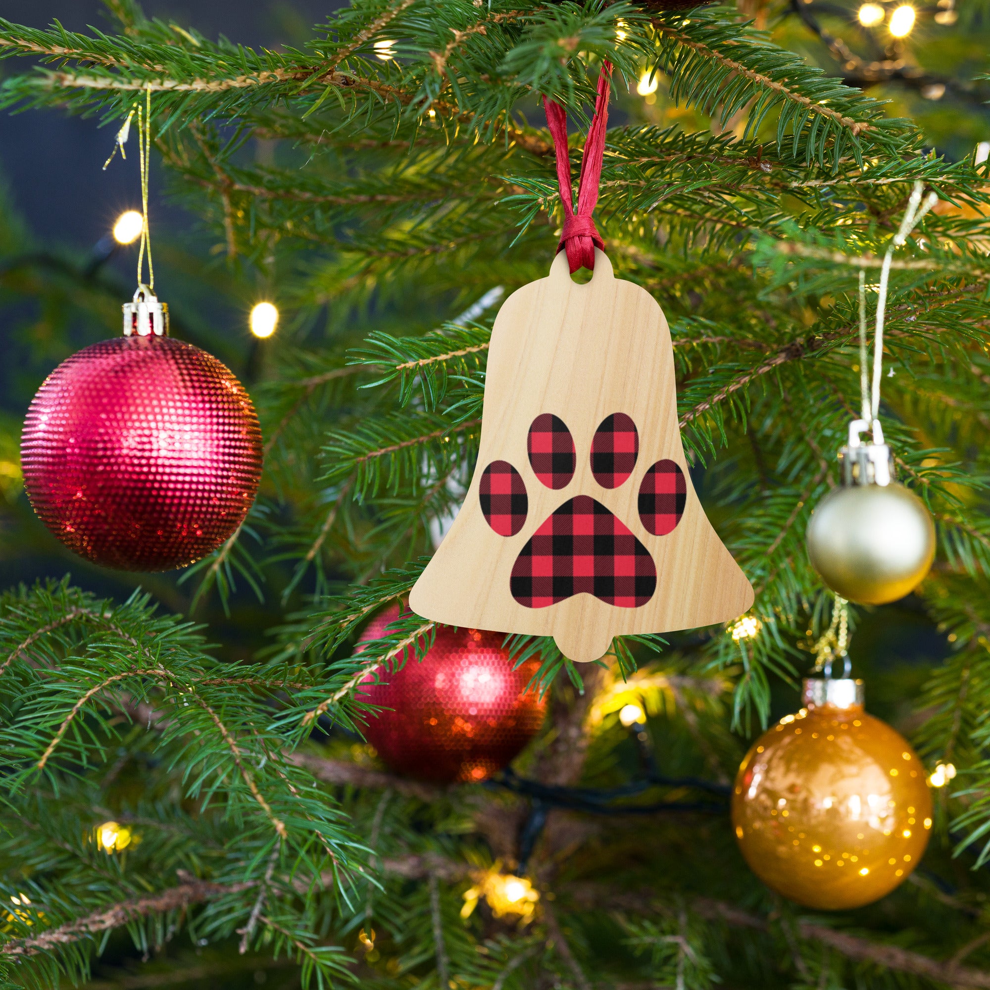 Gingham Paw Print Wooden Ornament、mySite、camillekostekn