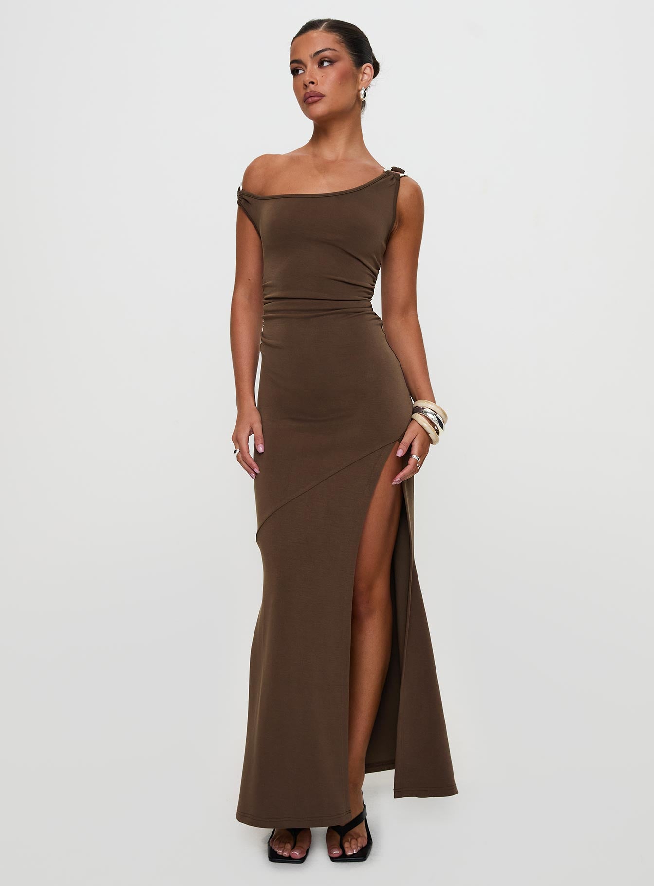 Rios One Shoulder Maxi Dress Brown、mySite、solidvoid