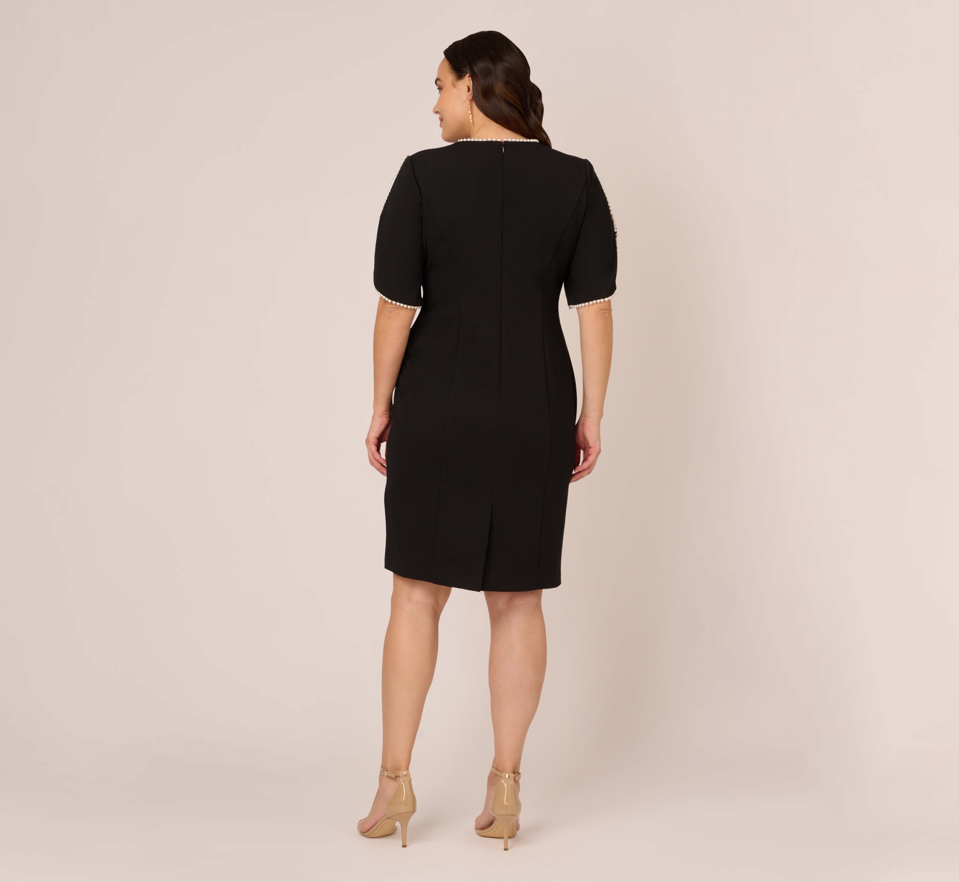 Plus Size Crepe Midi Length Sheath Dress With Pearly Trim In Black、mySite、solidvoid