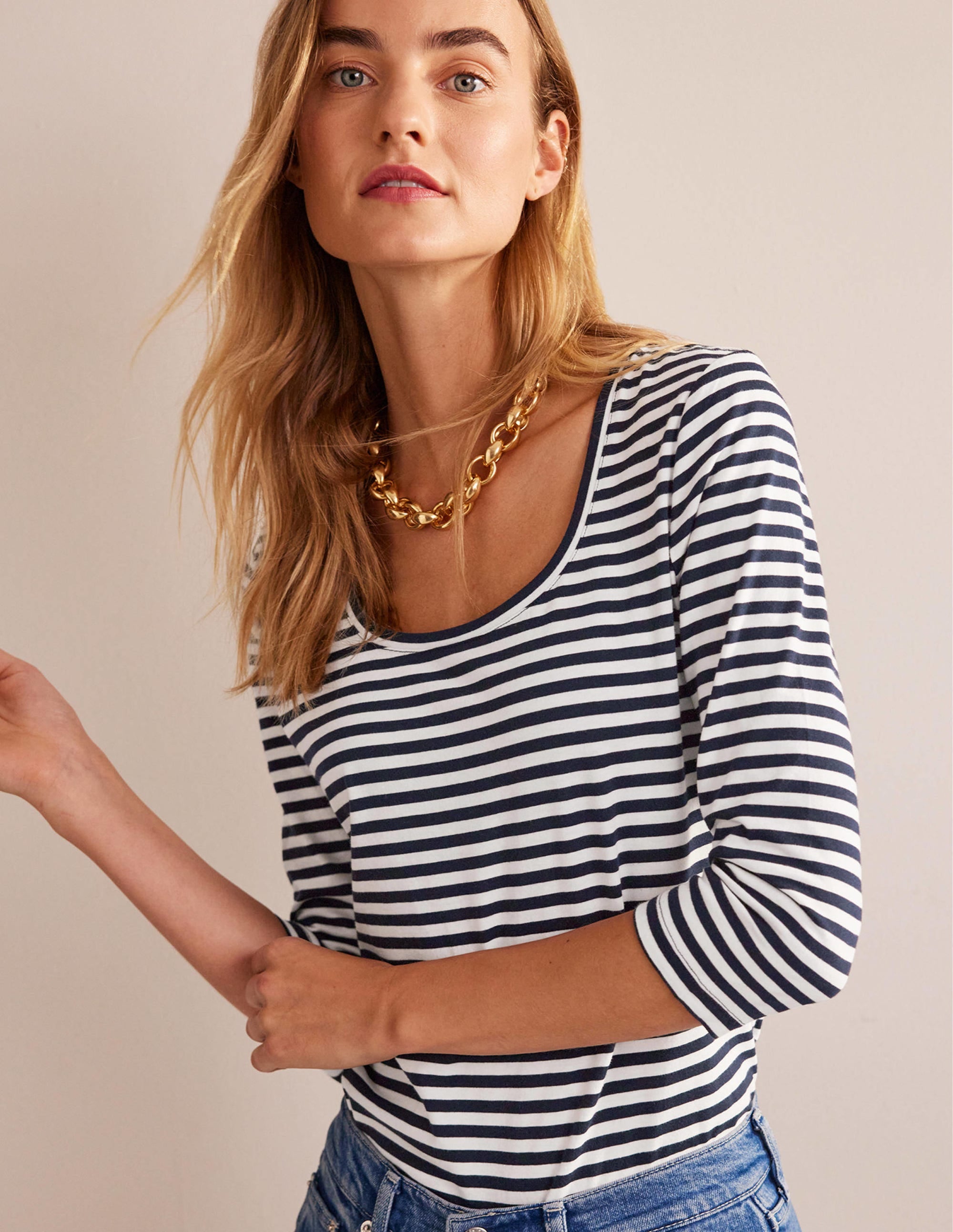  3/4 Sleeve Scoop Neck Top-Ivory, Navy、mySite、ashleygrahame