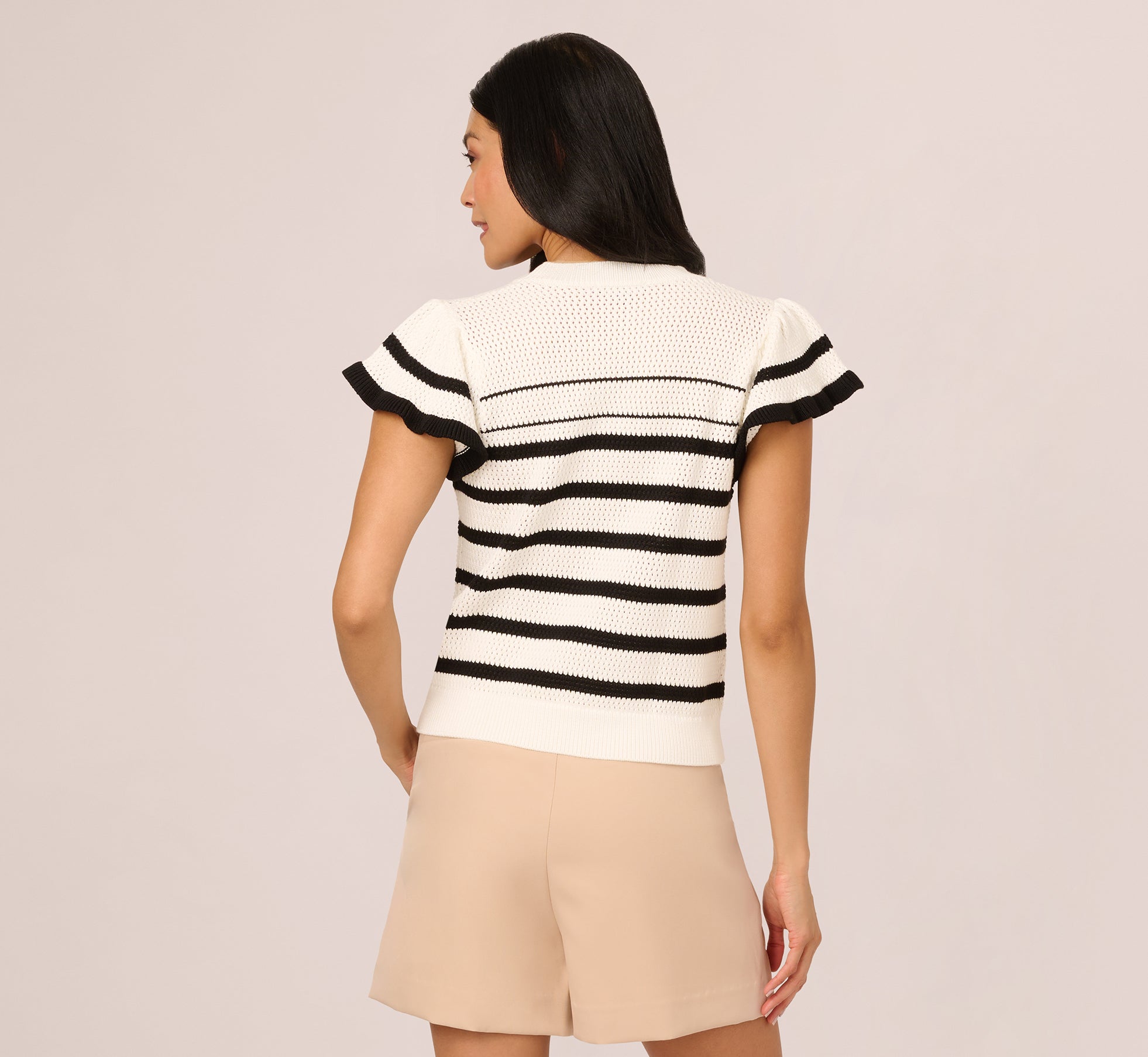 Flounce Sleeve Open Knit Sweater Top In Ivory Black、mySite、solidvoid