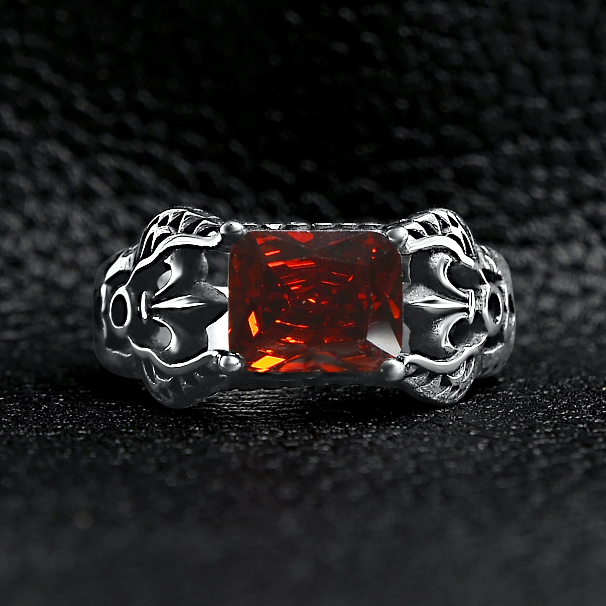 Red CZ Center Detailed Fleur De Lis Accents Stainless Steel Ring / SCR4035、mySite、dreamappss