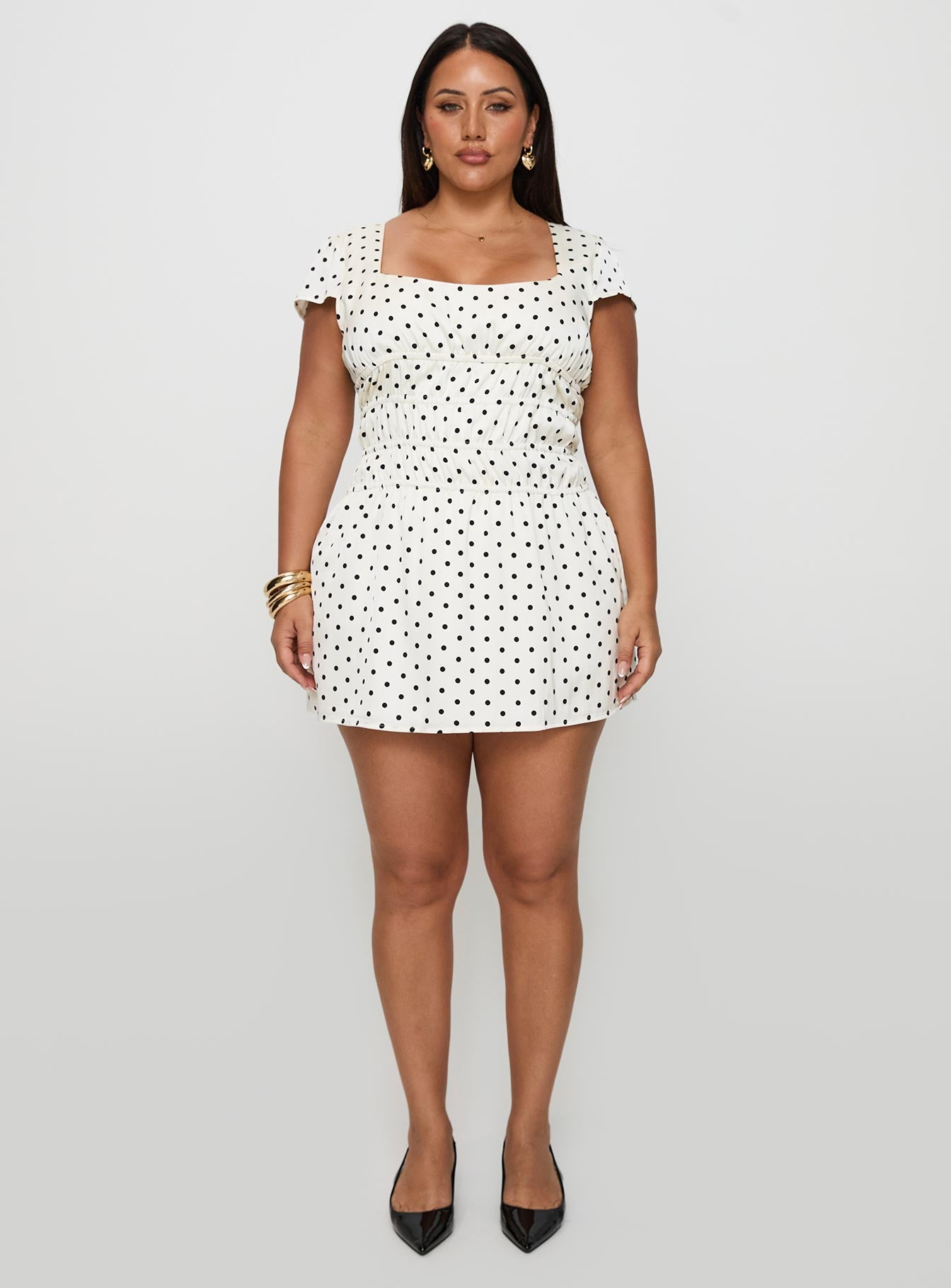 Evangelie Ruched Mini Dress White Polka Curve、mySite、solidvoid