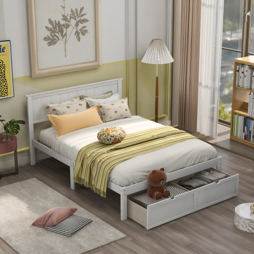 Full Size Platform Bed with Under-bed Drawers, White、、casual