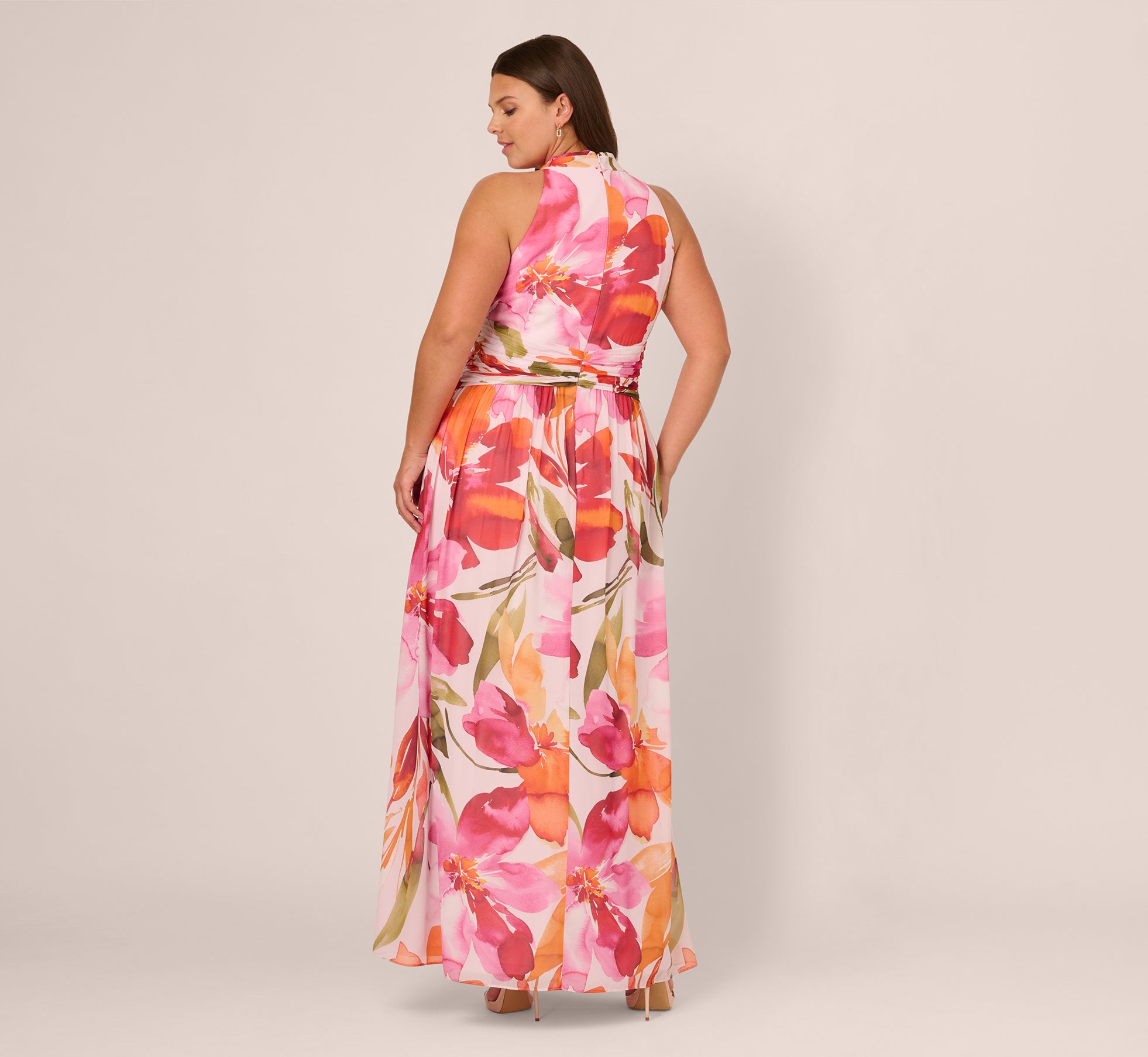 Plus Size Sleeveless Surplice Floral Chiffon Gown In Pink Orange Multi、mySite、solidvoid