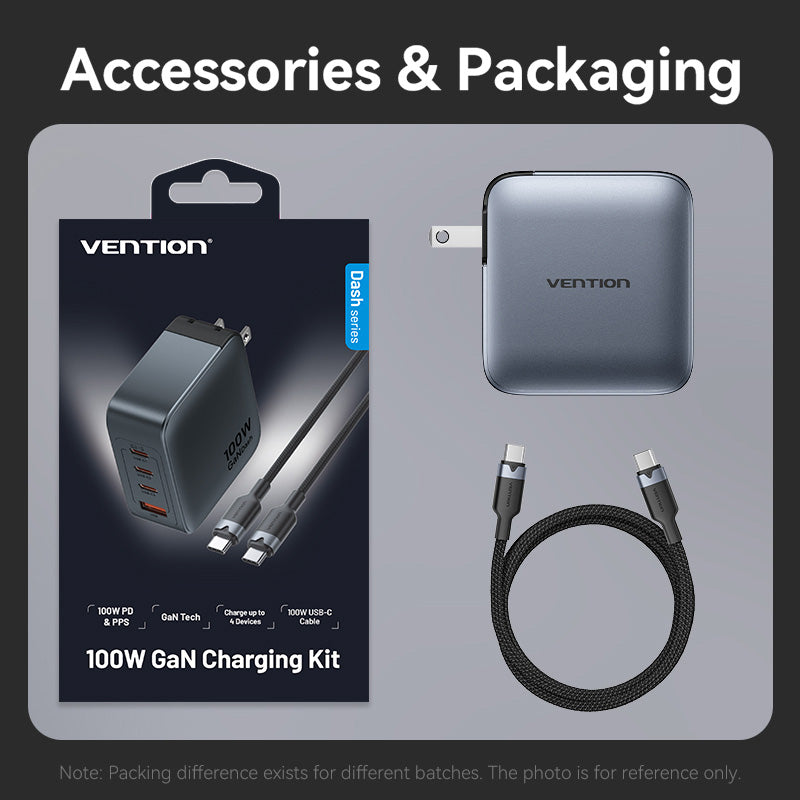 Vention 4-Port USB (C + C + C + A) GaN Charger (100W/100W/30W/30W) Gray with USB-C to USB-C Cable (1M) Black US-Plug、mySite、fannypackpong