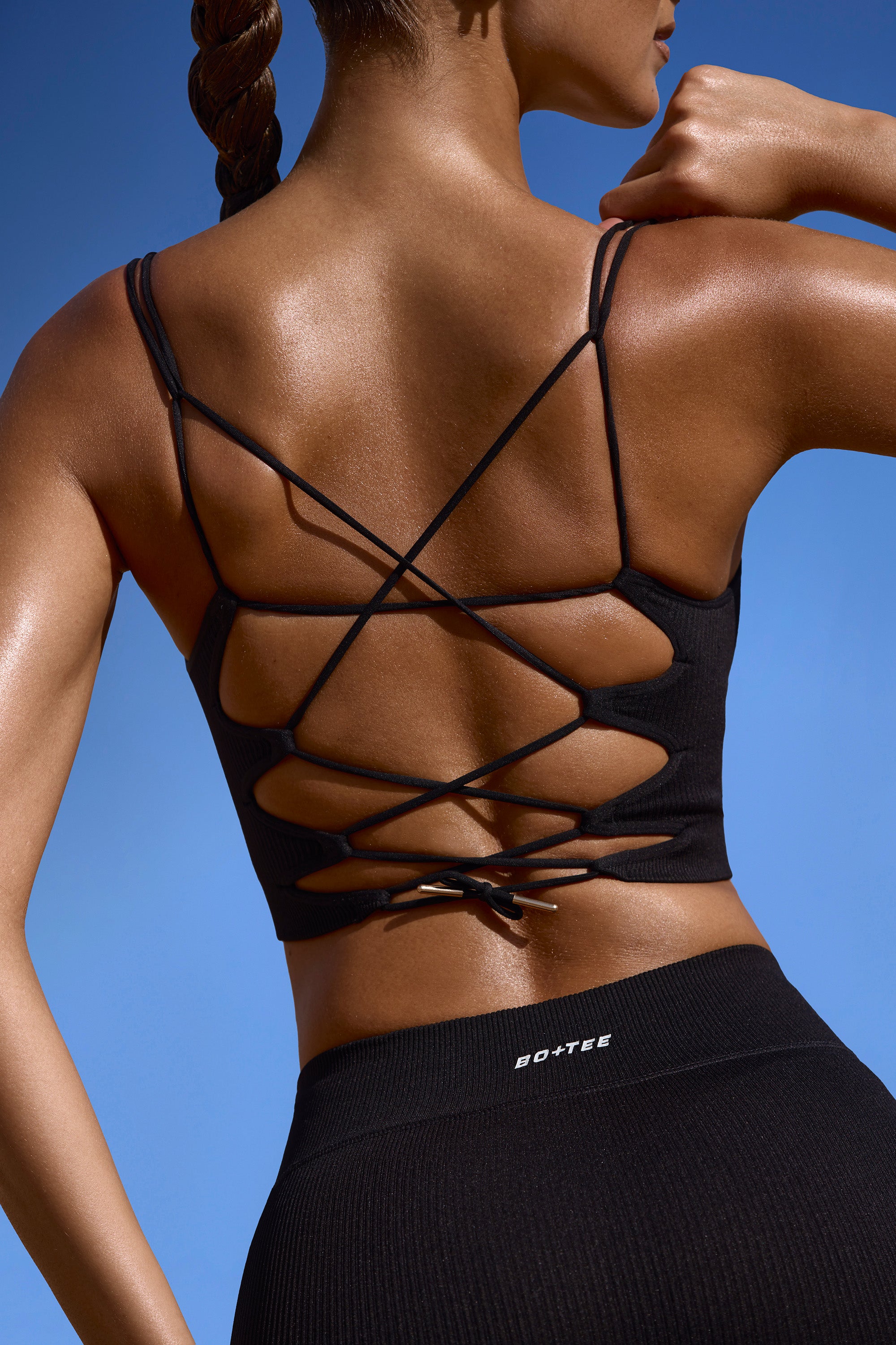 Plunge Neck Open Back FlexiRib Sports Bra in Black、mySite、solidvoid