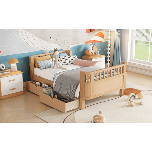 Twin Size Wood Platform Bed for Kids, Wood Low Profile Twin Bed with Rails for Girls and Boys, Natural (Patented Design) , Expect Arrival Date 2025/9/15、、eastwooduniform