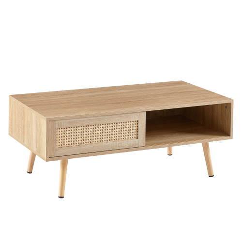 41.34" Rattan Coffee table, sliding door for storage, solid wood legs, Modern table for living room , natural、、casual