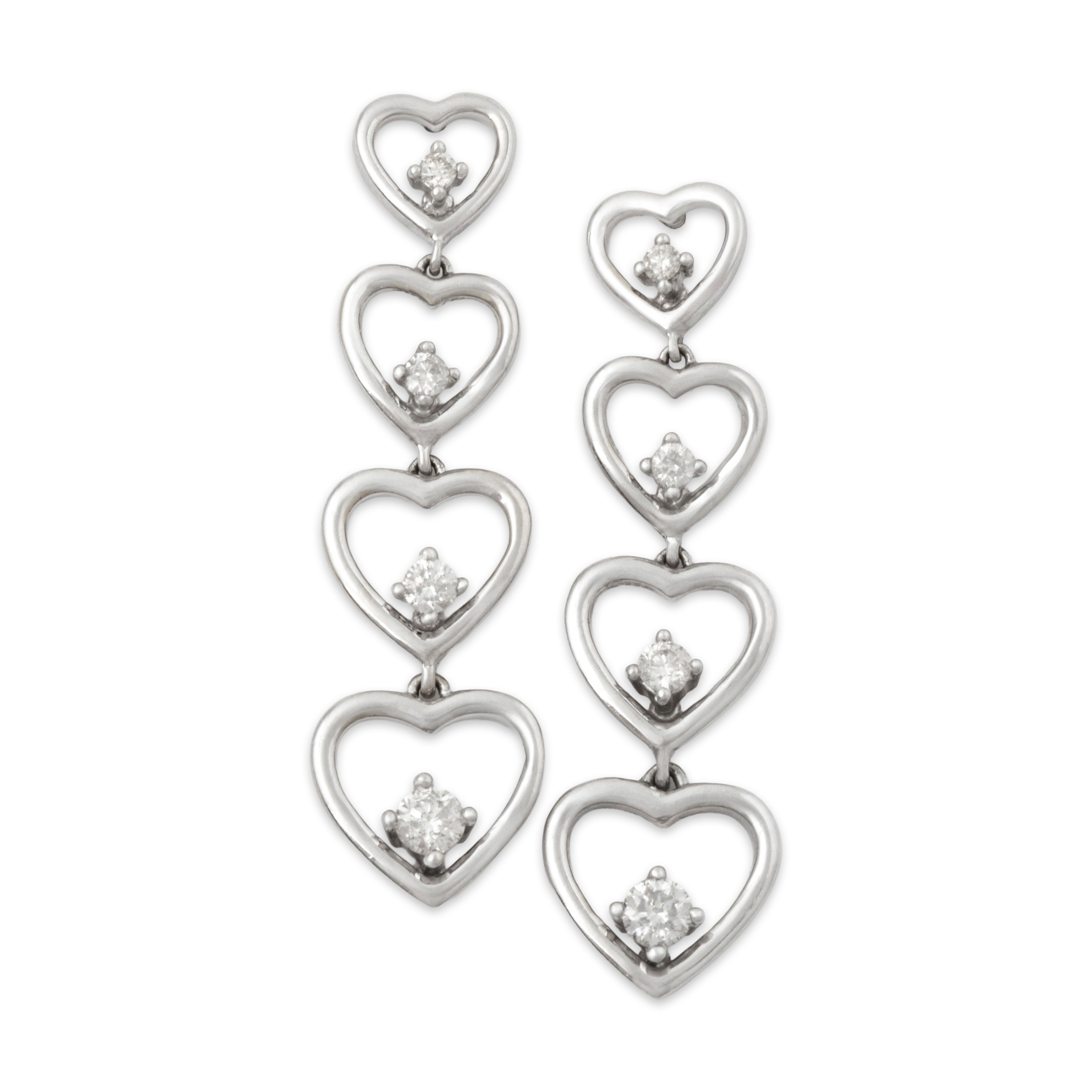 Vintage 14k White Gold .46cttw Diamond Cascade of Hearts Dangle Earrings、mySite、hinf8tx79