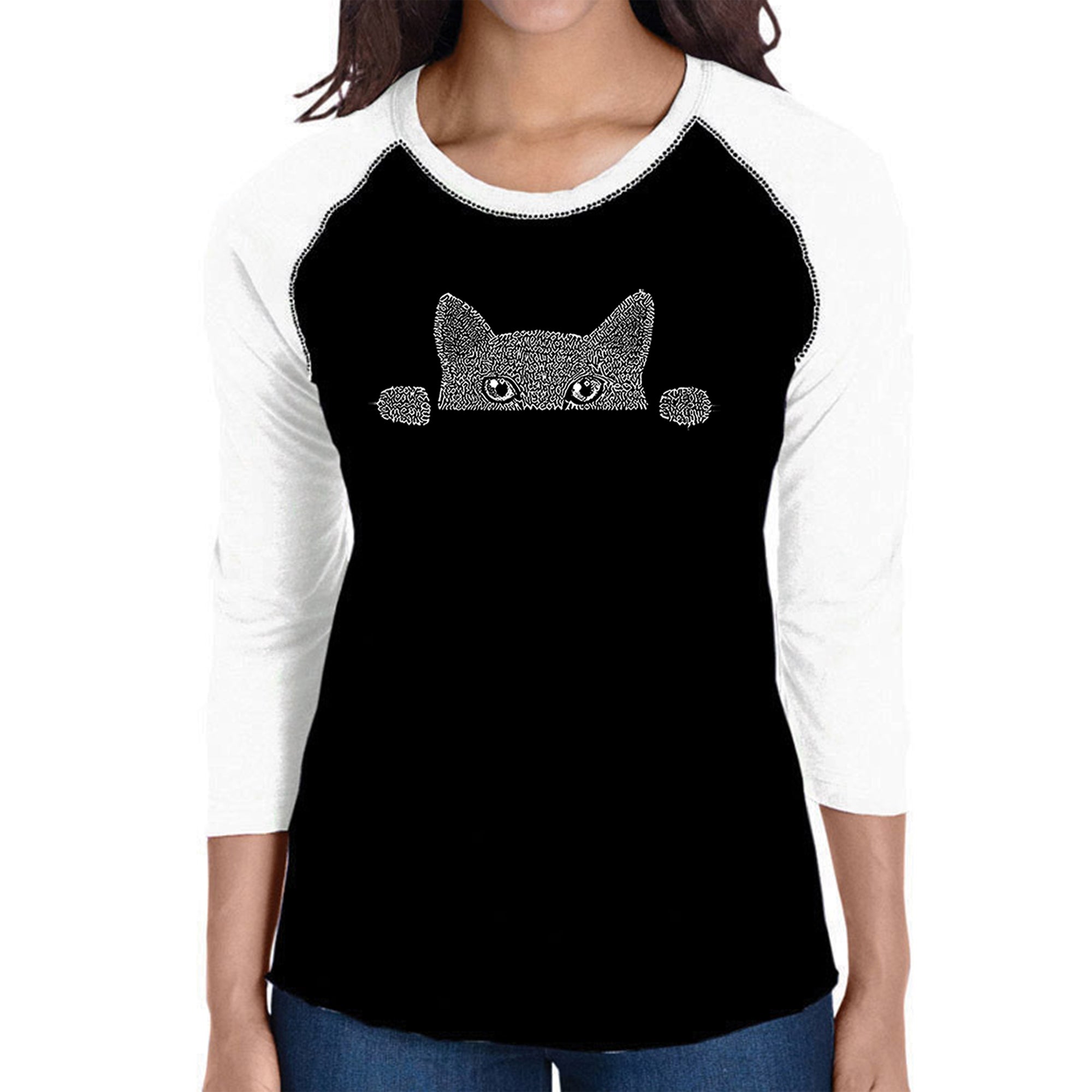 Peeking Cat - Women's Raglan Baseball Word Art T-Shirt、mySite、camillekostekn