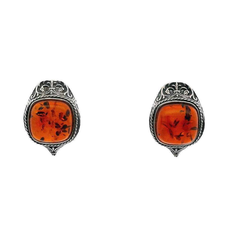  Estate Sterling Silver Cushion Amber Stud Earrings
