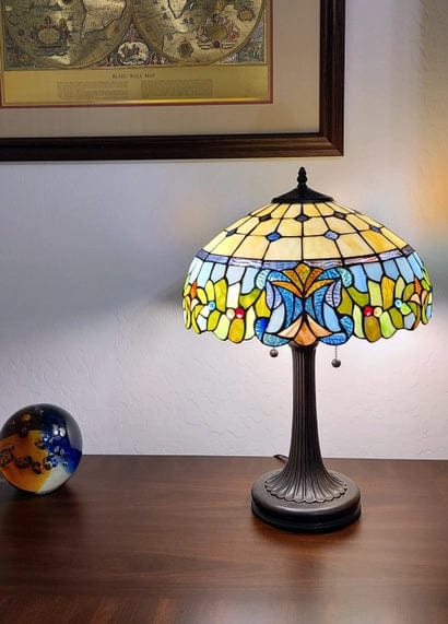 23 Stained Glass Two Light Jeweled Floral Accent Table Lamp、mySite、g9winljtr