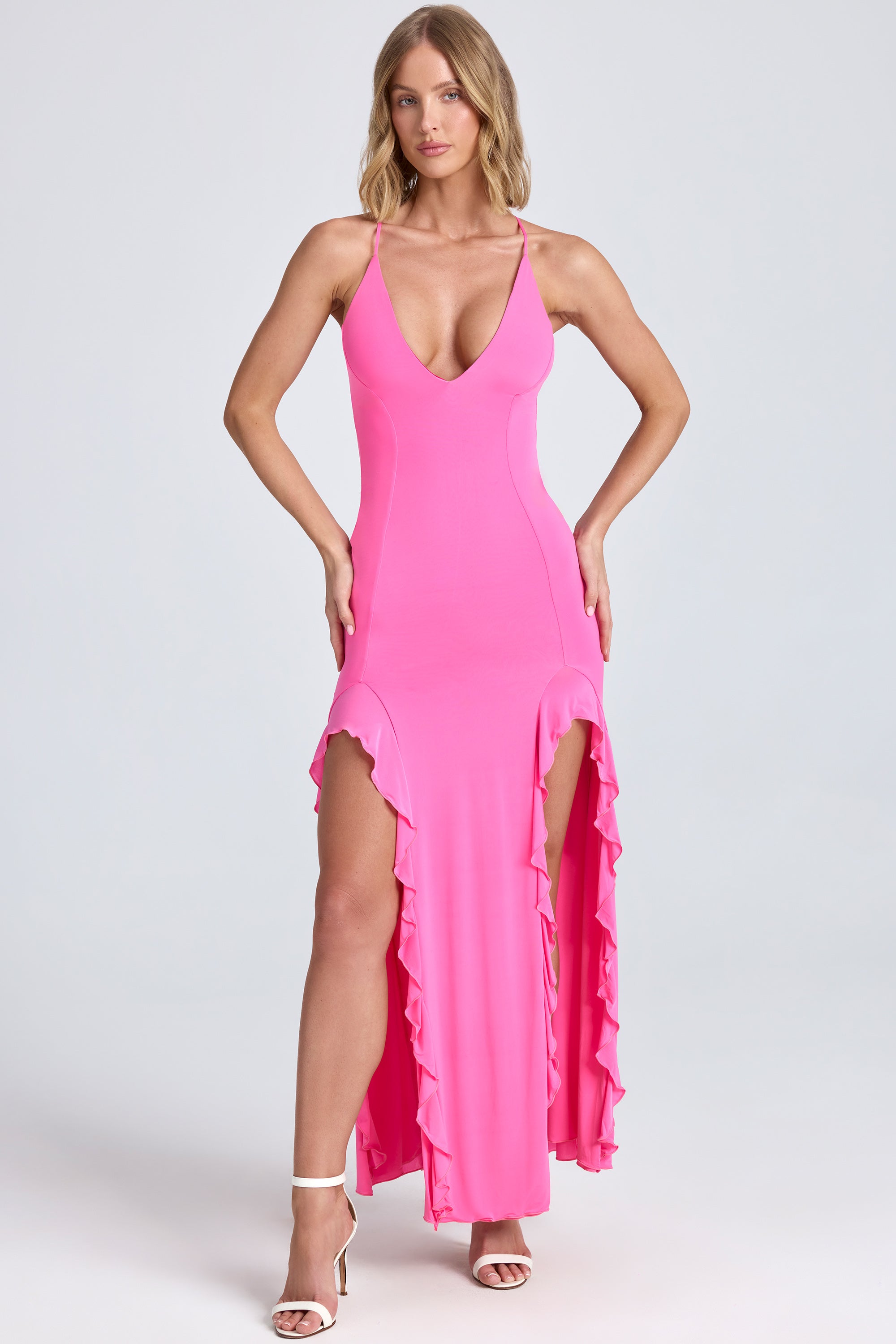 Ruched Ruffle-Trim Maxi Dress in Lollipop Pink、mySite、solidvoid