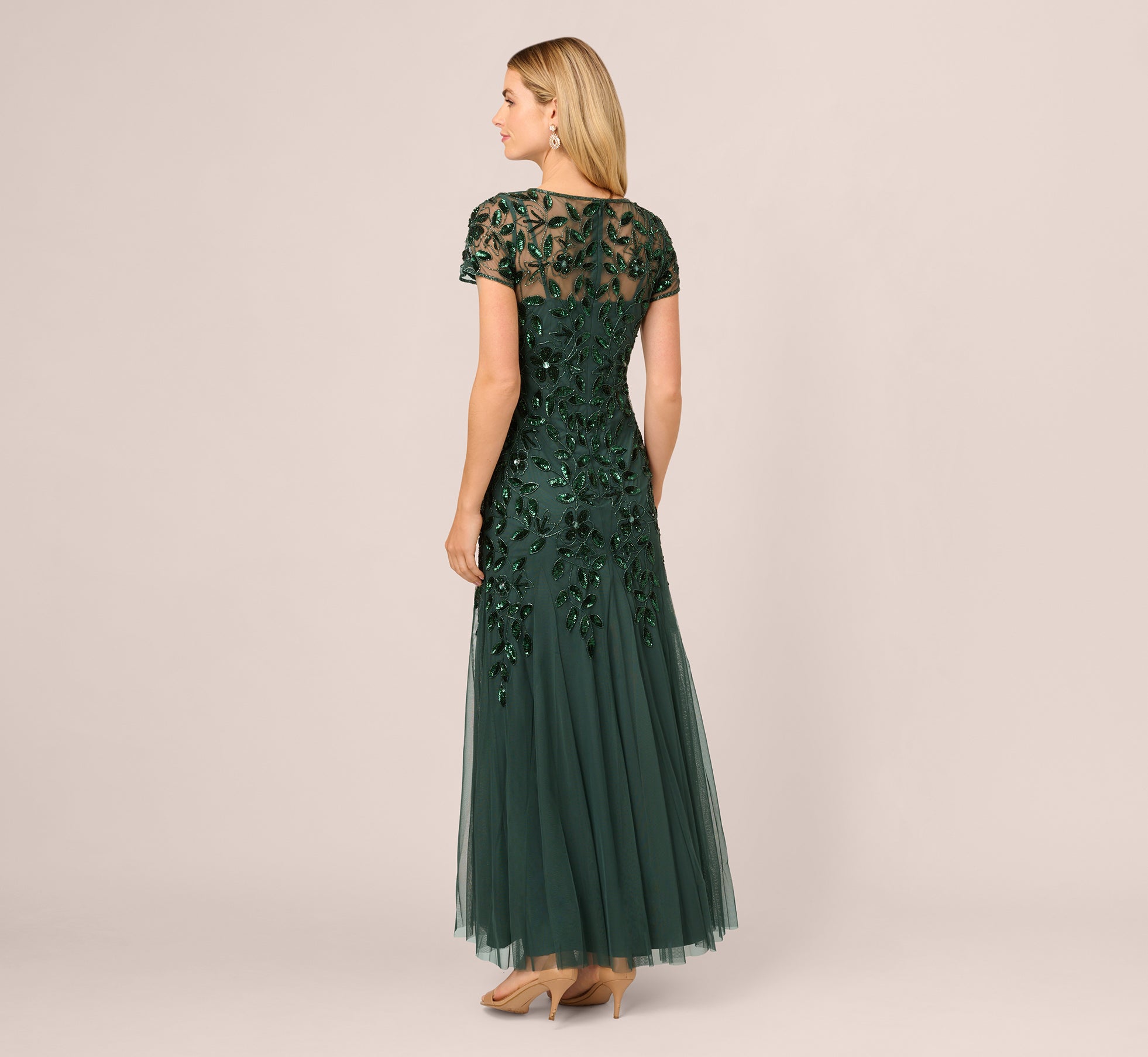 Hand Beaded Short Sleeve Floral Godet Gown In Dusty Emerald、mySite、solidvoid