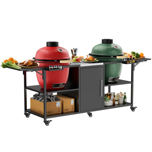 Outdoor Grill Table for Big Green Egg Style BBQ, Metal Grill Cart with 2 Folding Panels, Compatible with up to Large Green Egg, Kamado Joe Jr、、eastwooduniform