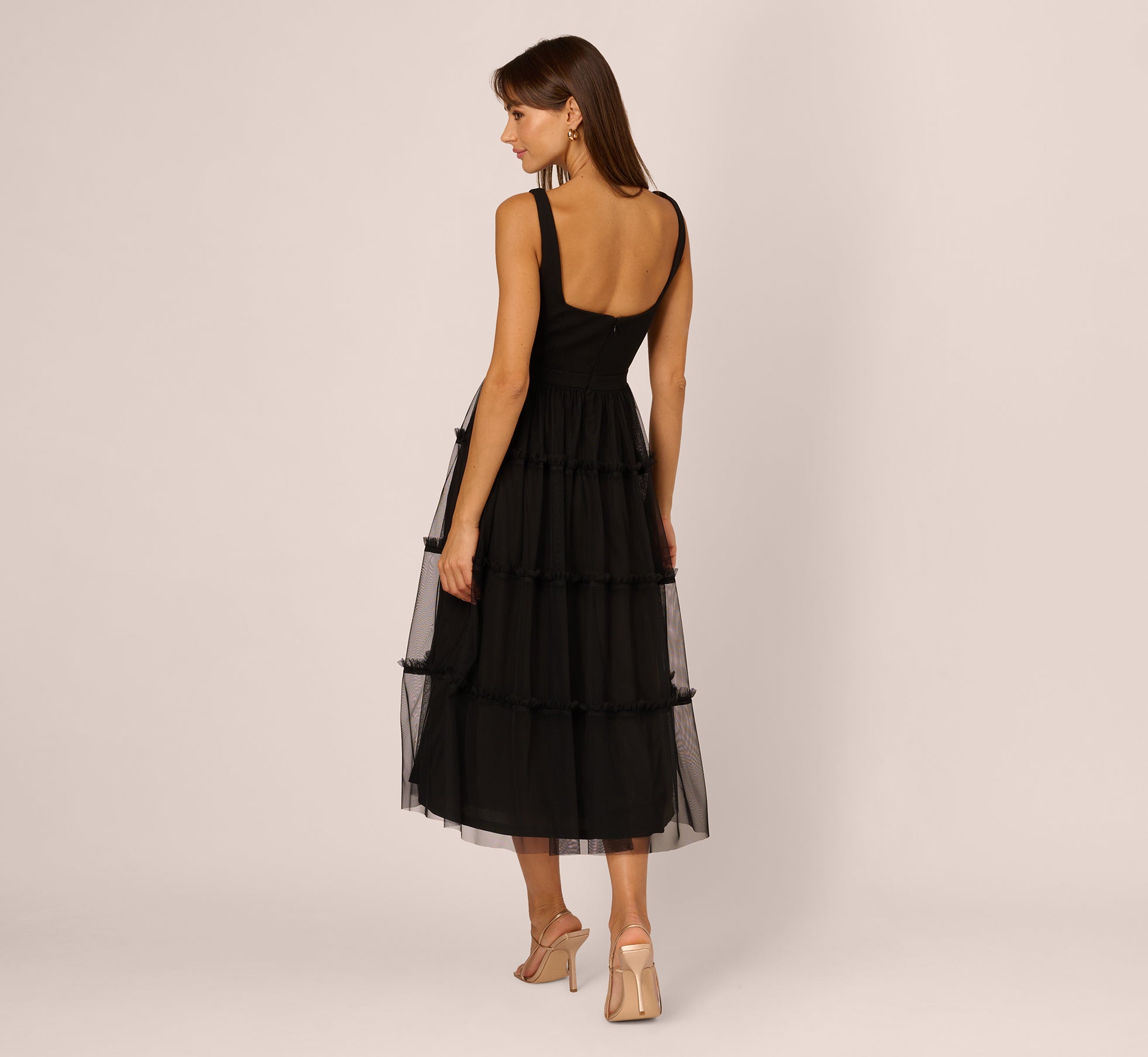 Sleeveless Midi Dress With Square Neck And Tiered Skirt In Black、mySite、solidvoid
