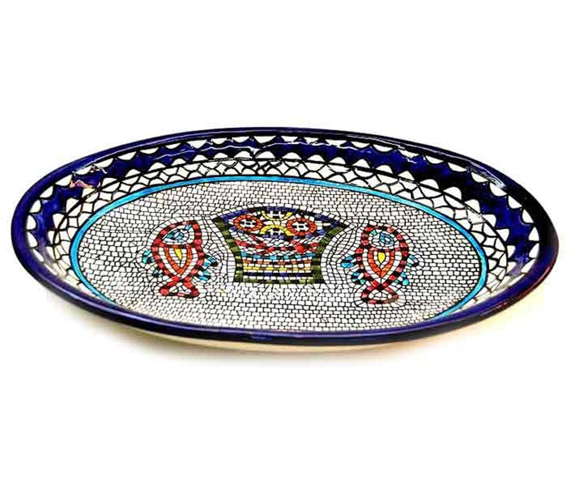  Armenian Hand Painted Fish and Bread Miracle Serving Oval Ceramic Bowl - Extra Large (15.5 Inch Long by 10.5 Inches Wide by 1.5 Inches deep) - Asfour Outlet Trademark、mySite、elrpsem3k